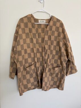 PO-EM Hand-Stamped Beige & Brown Checked Open Jacket